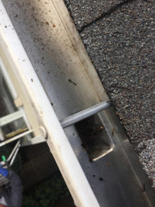 Clean metal gutter with light dirt and small debris beside an asphalt shingle roof