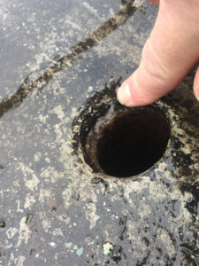 Finger pointing to a round drain opening surrounded by wet dirt and residue