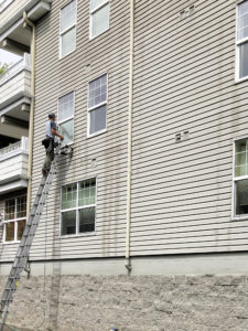 Window cleaner on an extension ladder washing an upper window of a multi-story building